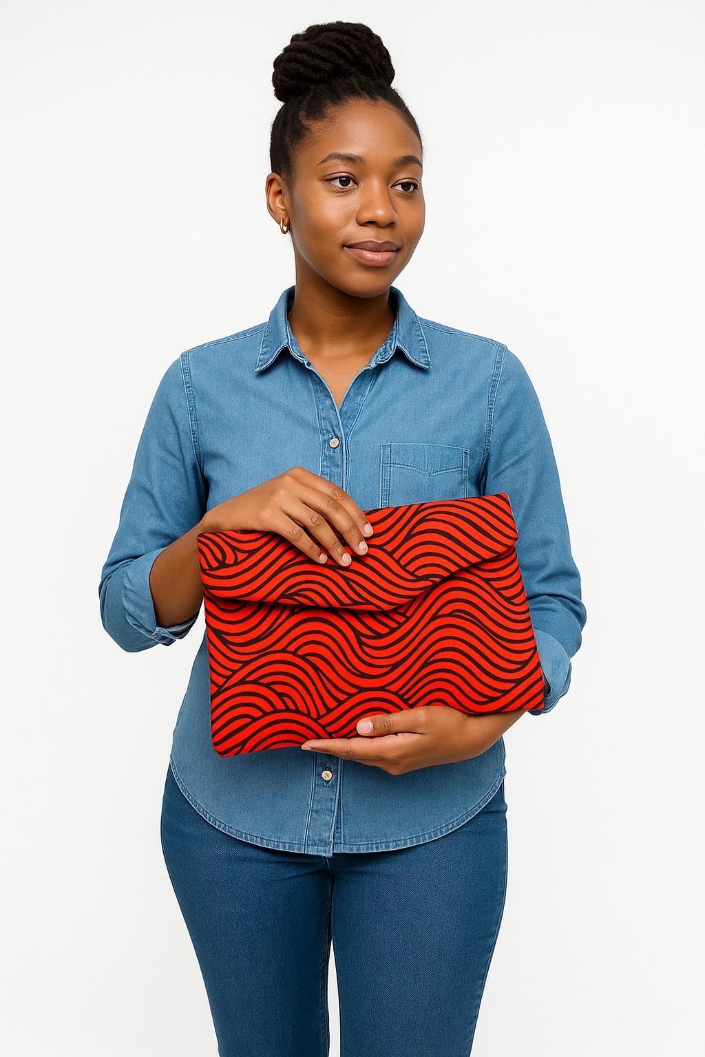 Ankara Clutch Purse for Women – African Print Handbag | Colorful Wax Print Evening Bag | Ankara Fold-Over Envelope Clutch (Tie-Dye, Red Waves, Black & White Floral)