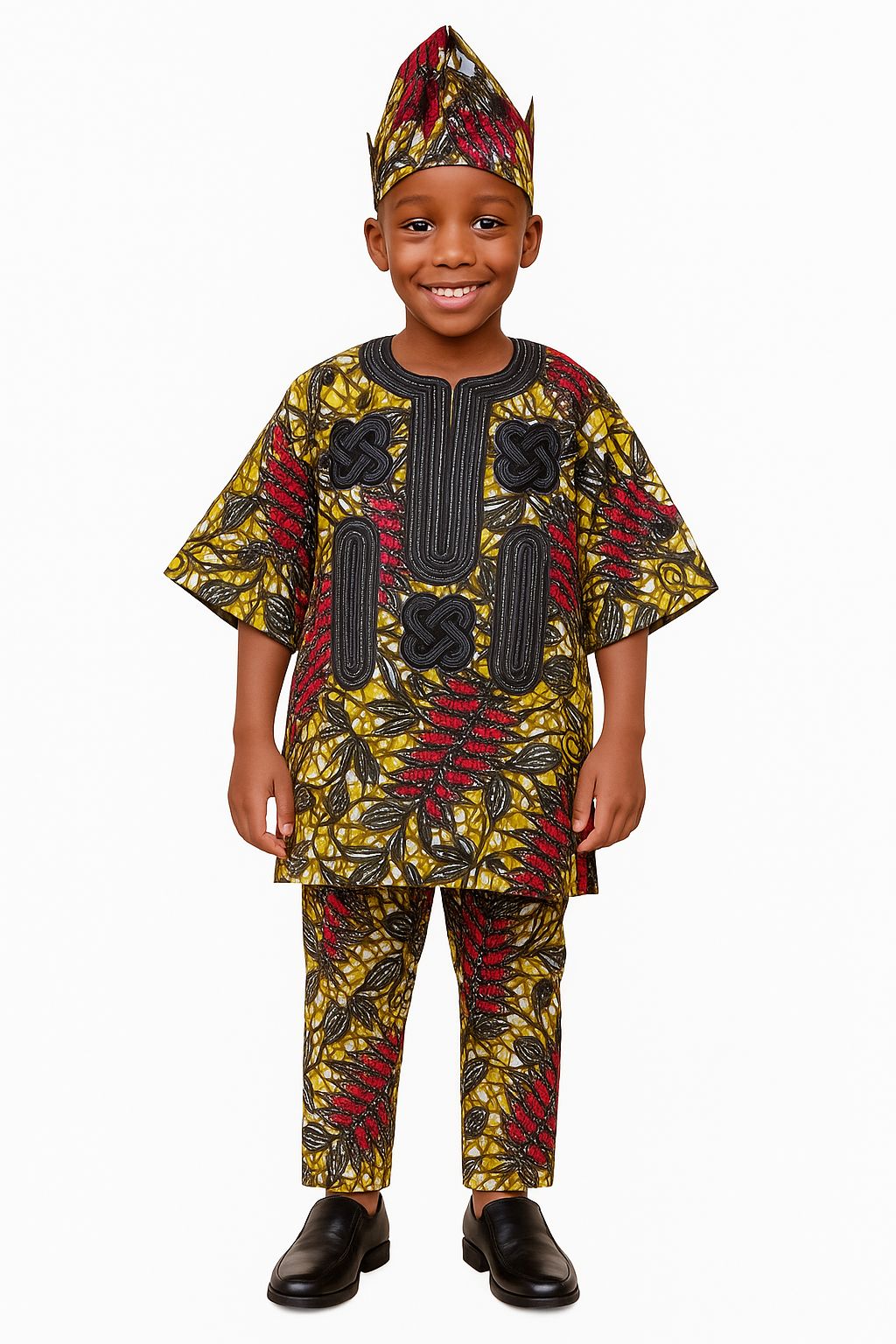 Nigerian Ankara Embroidered Danshiki Outfit set for Boys Traditional African Wax Cotton Print Set with Cap for Weddings, Church daily wear