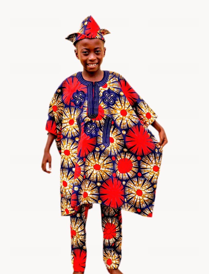 Nigerian Ankara Embroidered Danshiki Outfit set for Boys Traditional African Wax Cotton Print Set with Cap for Weddings, Church daily wear