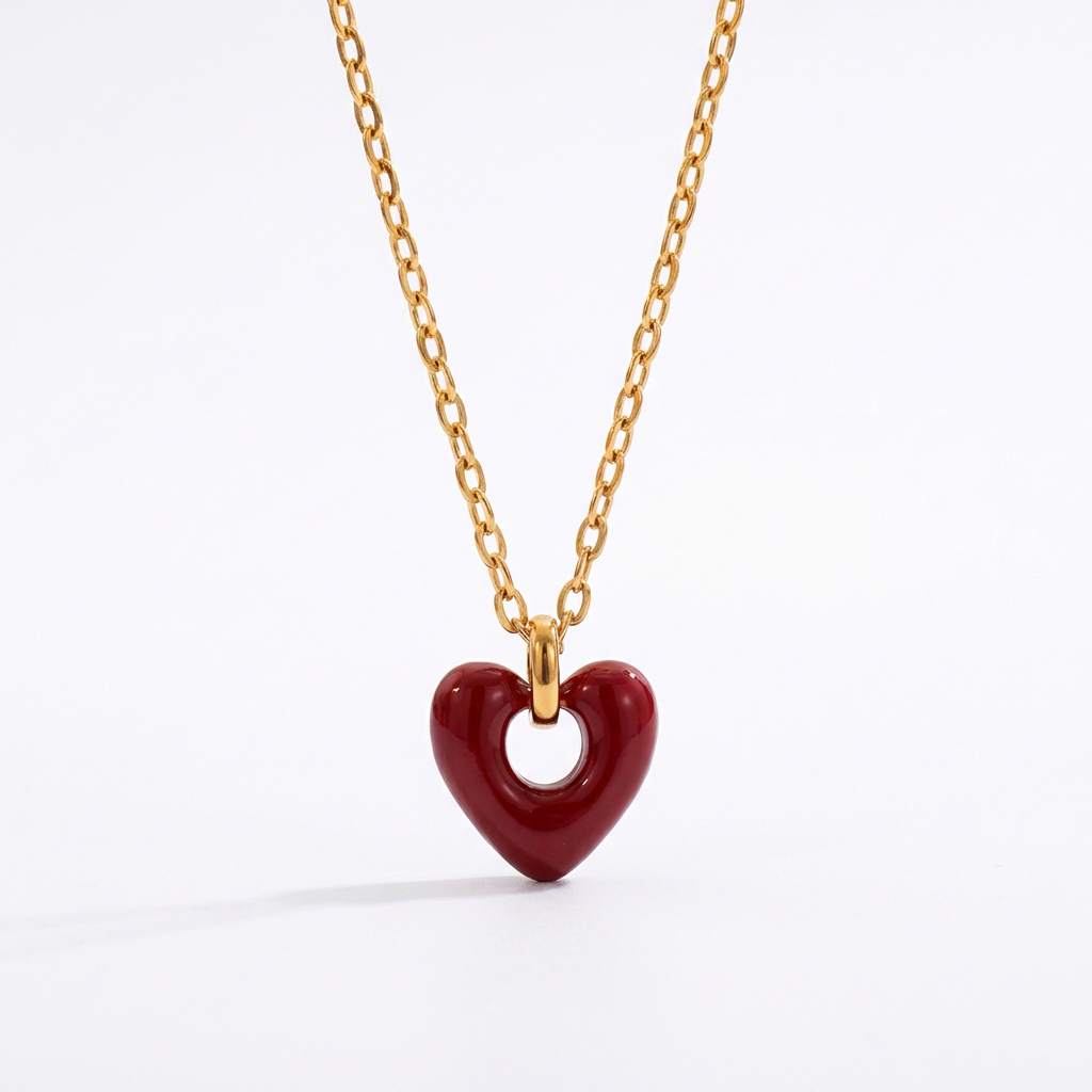 18K Gold Stainless Steel Red Heart Pendant Necklace & Hoop Earring Set