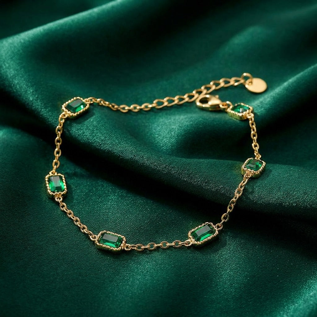 Gold-Plated CZ Diamond Pendant Necklace & Green Gemstone Bracelet Set