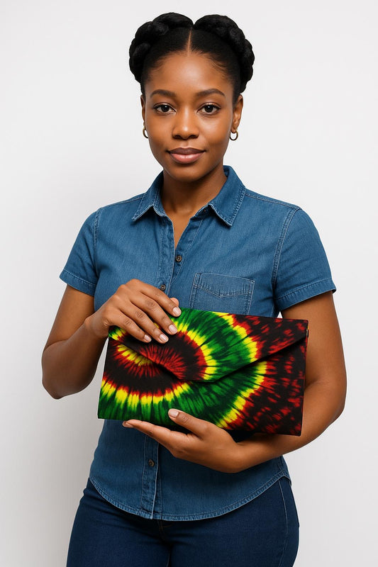 Ankara Clutch Purse for Women – African Print Handbag | Colorful Wax Print Evening Bag | Ankara Fold-Over Envelope Clutch (Tie-Dye, Red Waves, Black & White Floral)