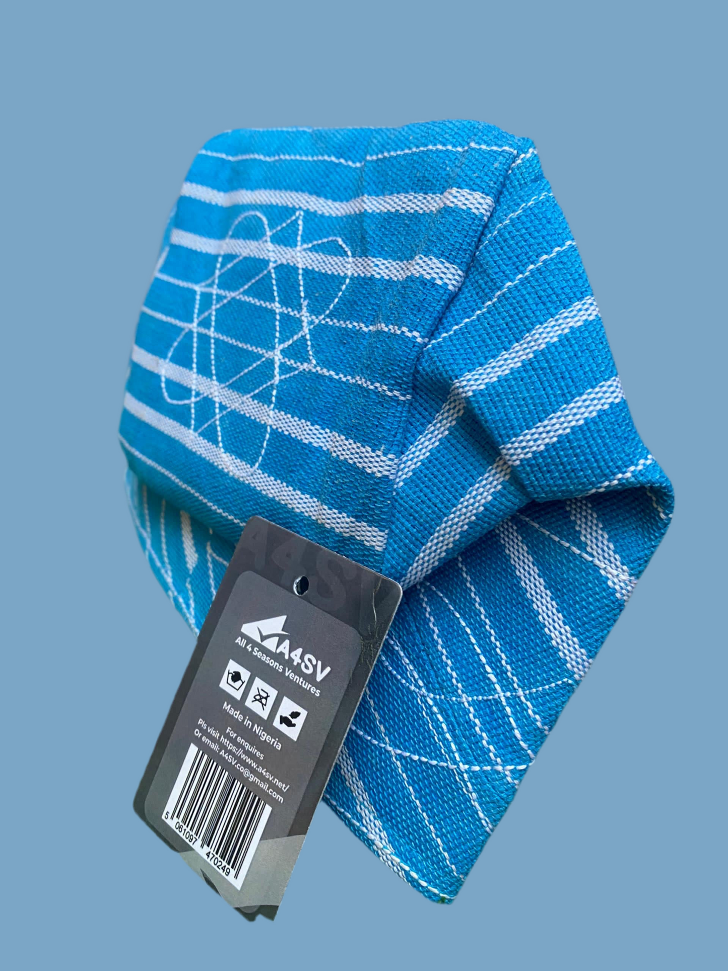 Traditional Aso Ofi Fila Cap for Men – Baby Blue with White Stripes