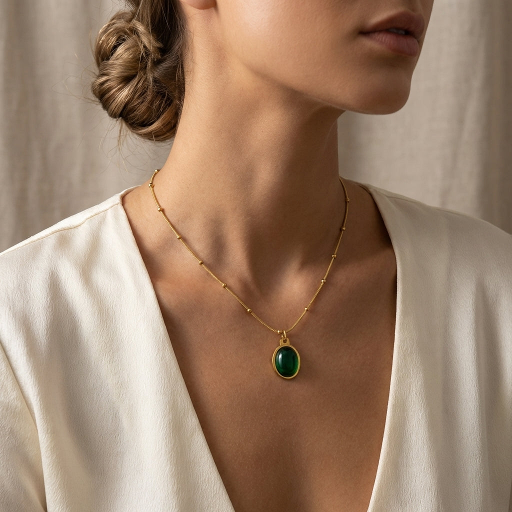 Gold Stainless Steel Oval Green Stone Pendant Snake Chain Necklace for Women