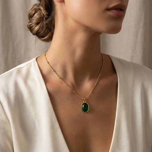 Gold Stainless Steel Oval Green Stone Pendant Snake Chain Necklace for Women
