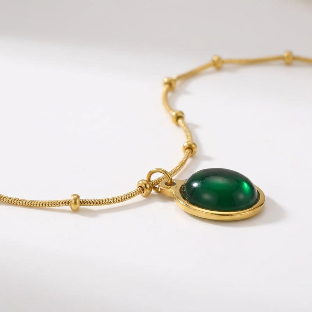 Gold Stainless Steel Oval Green Stone Pendant Snake Chain Necklace for Women