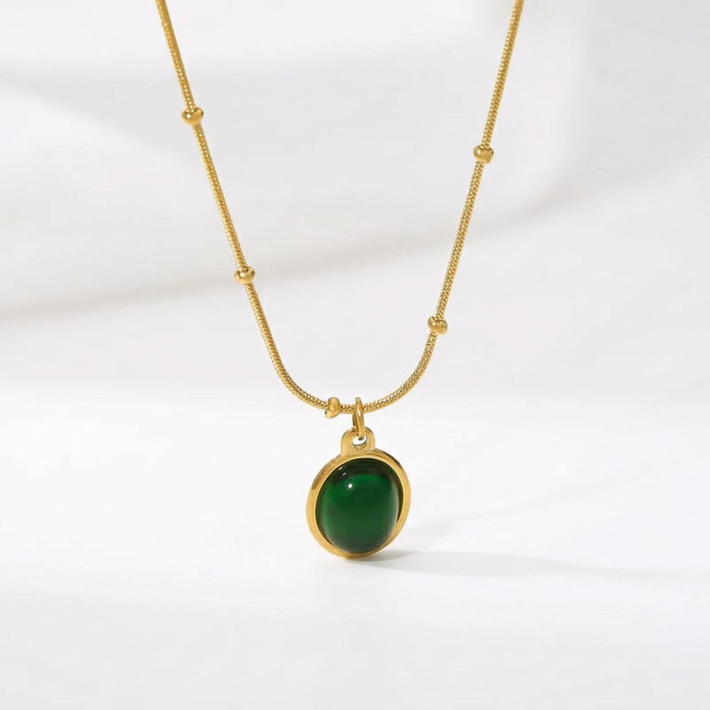 Gold Stainless Steel Oval Green Stone Pendant Snake Chain Necklace for Women