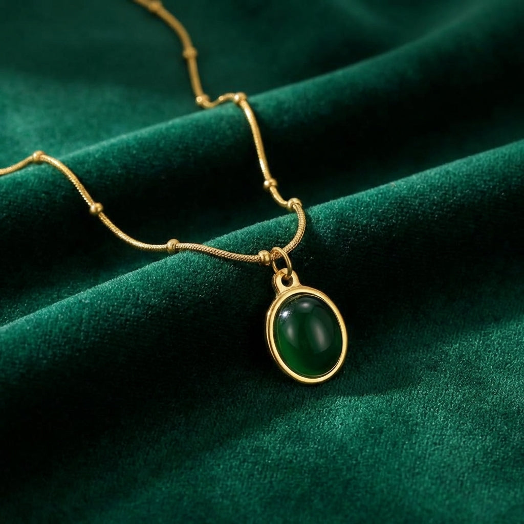 Gold Stainless Steel Oval Green Stone Pendant Snake Chain Necklace for Women