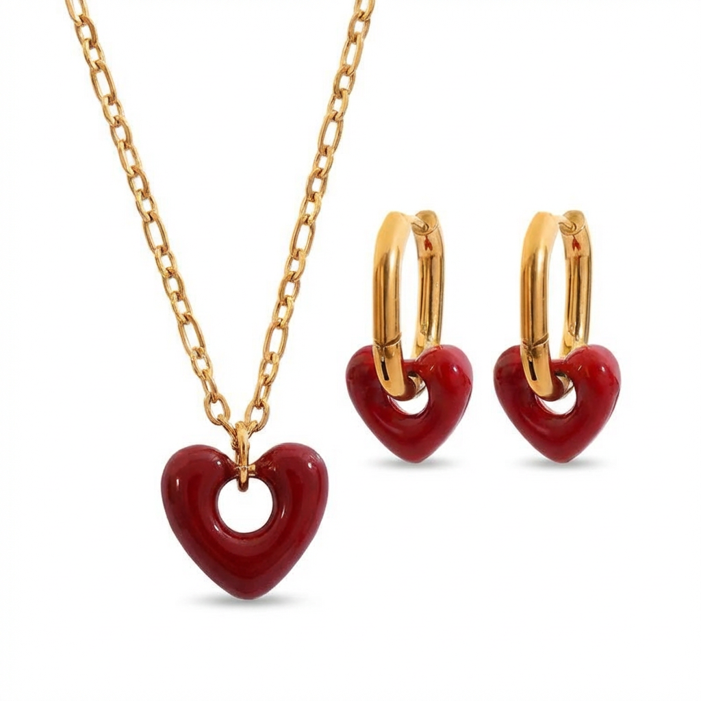 18K Gold Stainless Steel Red Heart Pendant Necklace & Hoop Earring Set