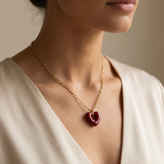 18K Gold Stainless Steel Red Heart Pendant Necklace & Hoop Earring Set