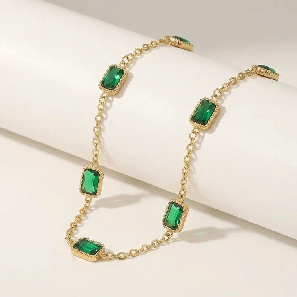 Gold-Plated CZ Diamond Pendant Necklace & Green Gemstone Bracelet Set