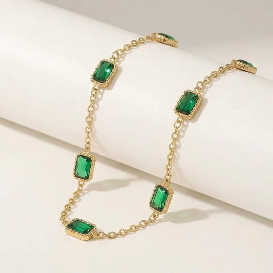 Gold-Plated CZ Diamond Pendant Necklace & Green Gemstone Bracelet Set