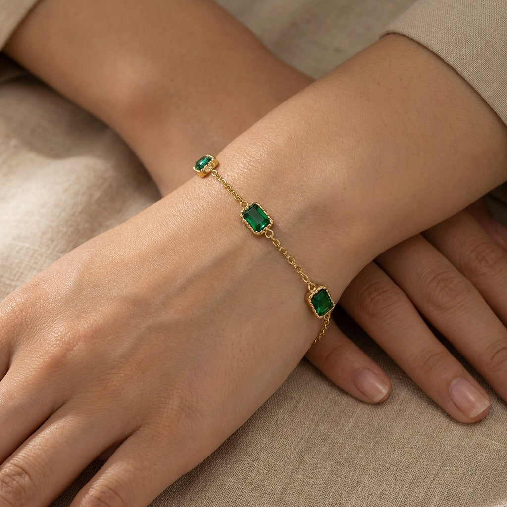 Gold-Plated CZ Diamond Pendant Necklace & Green Gemstone Bracelet Set