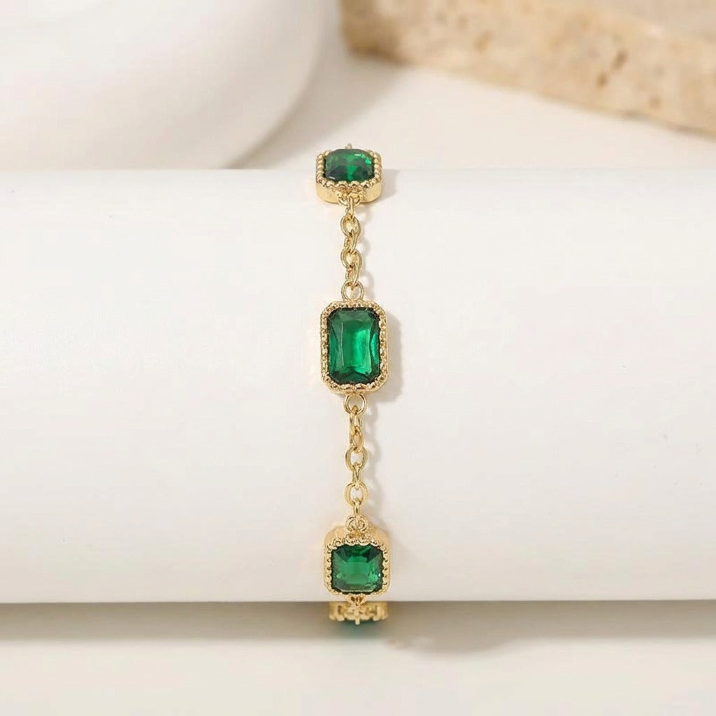 Gold-Plated CZ Diamond Pendant Necklace & Green Gemstone Bracelet Set