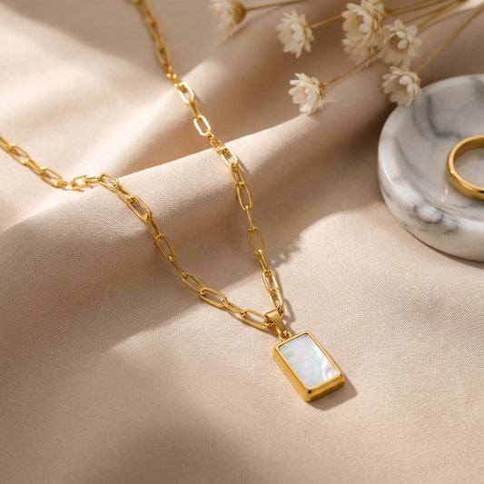 18K Gold-Plated Rectangle White Shell Pendant Necklace for Women