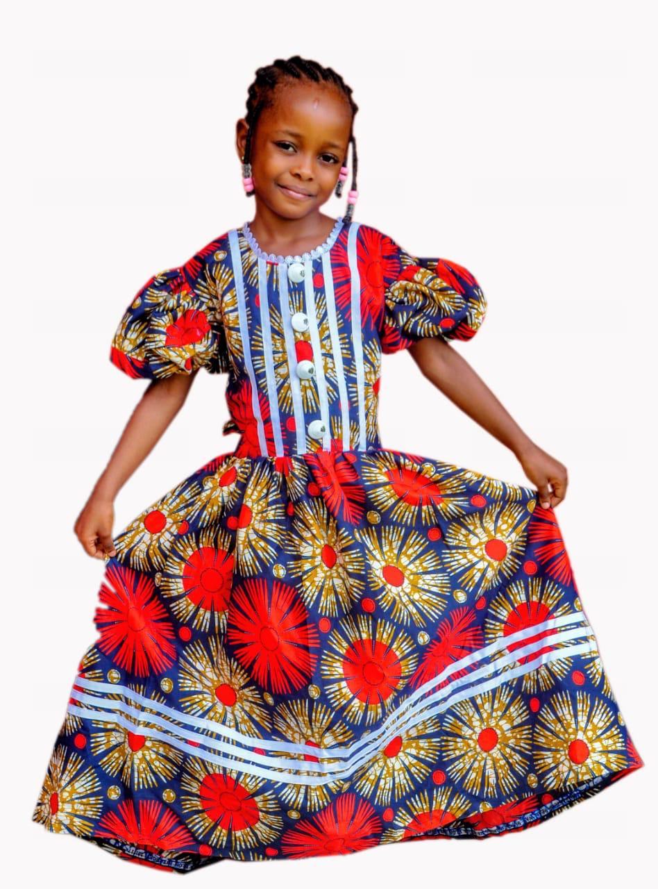 Nigerian Ankara Princess Gown Dress for Girls African Wax Print Puff Sleeve Outfit for Weddings, Birthdays, and Everyday Wear