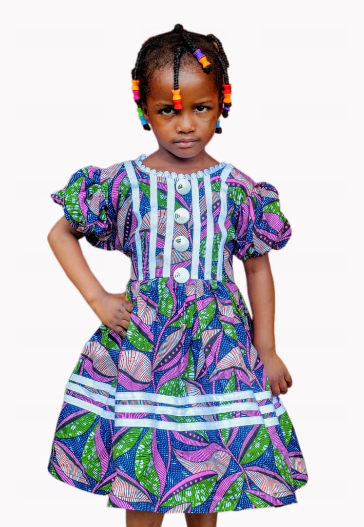 Nigerian Ankara Princess Gown Dress for Girls African Wax Print Puff Sleeve Outfit for Weddings, Birthdays, and Everyday Wear
