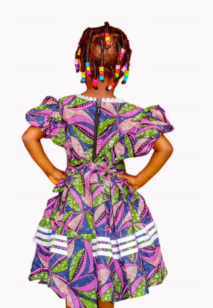 Nigerian Ankara Princess Gown Dress for Girls African Wax Print Puff Sleeve Outfit for Weddings, Birthdays, and Everyday Wear