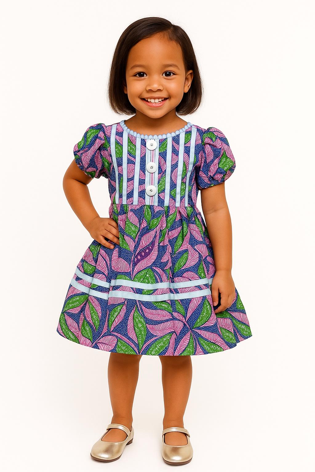 Nigerian Ankara Princess Gown Dress for Girls African Wax Print Puff Sleeve Outfit for Weddings, Birthdays, and Everyday Wear