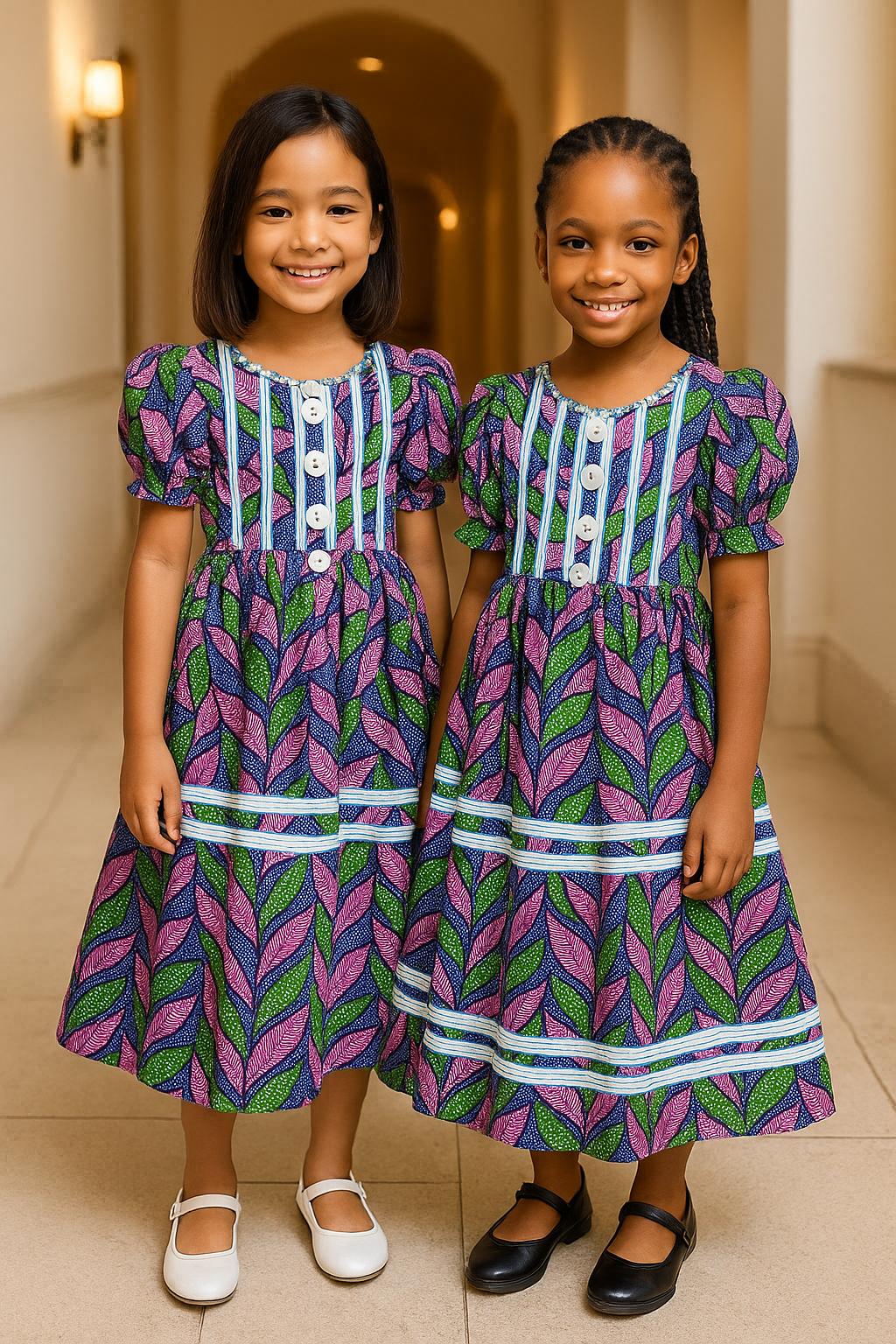 Nigerian Ankara Princess Gown Dress for Girls African Wax Print Puff Sleeve Outfit for Weddings, Birthdays, and Everyday Wear