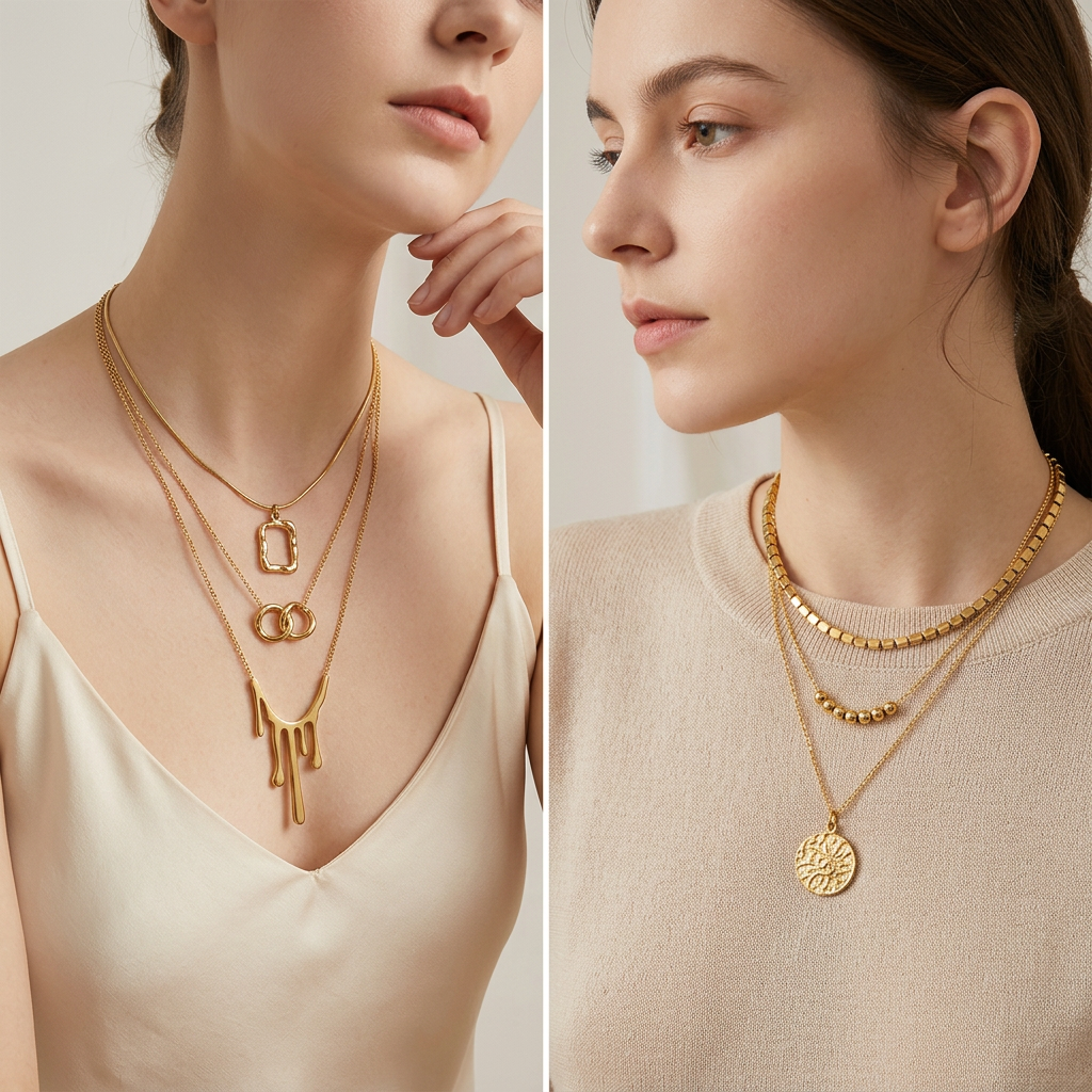 Tarnish-Free PVD Gold Stainless Steel Geometric Pendant Necklace for Women