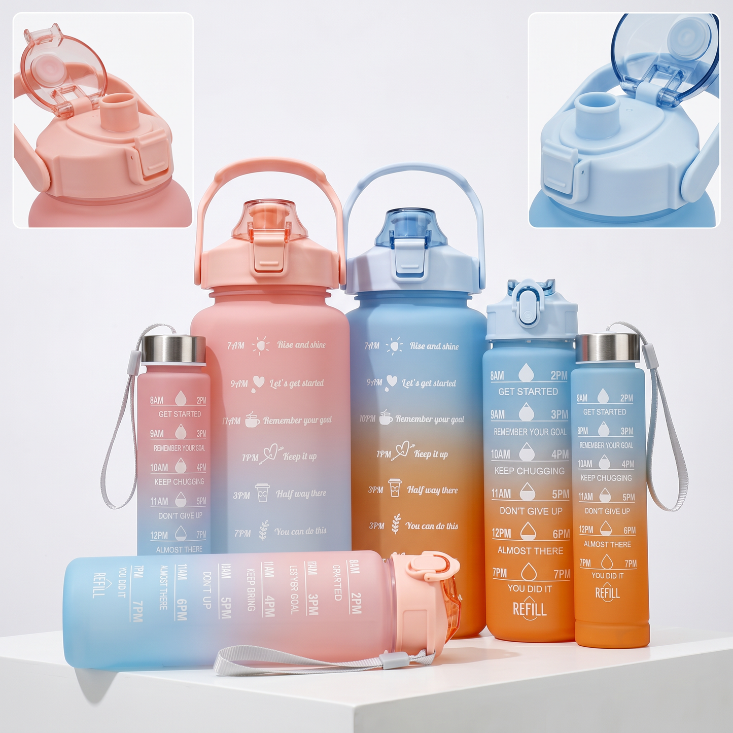 3-in-1 Sport Plastic Gradient Water Bottle with Lid and Straw