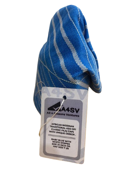 Traditional Aso Ofi Fila Cap for Men – Baby Blue with White Stripes
