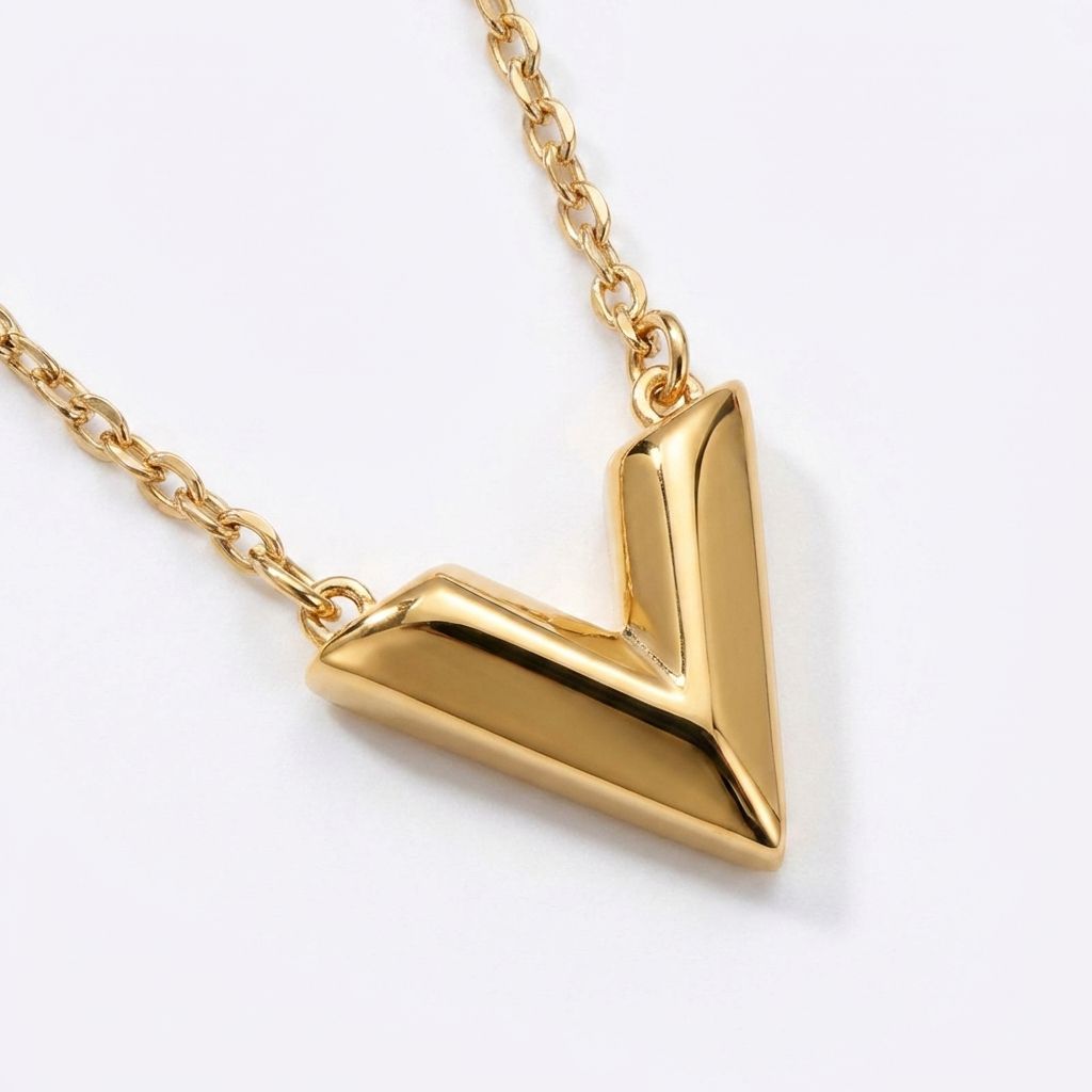 Stainless Steel 18K Gold V Drop Pendant Oval Chain Choker Necklace for Women