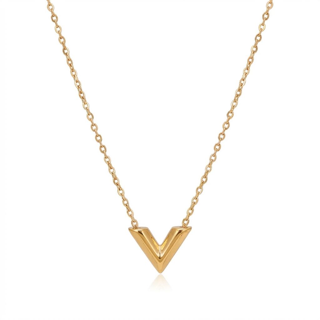 Stainless Steel 18K Gold V Drop Pendant Oval Chain Choker Necklace for Women