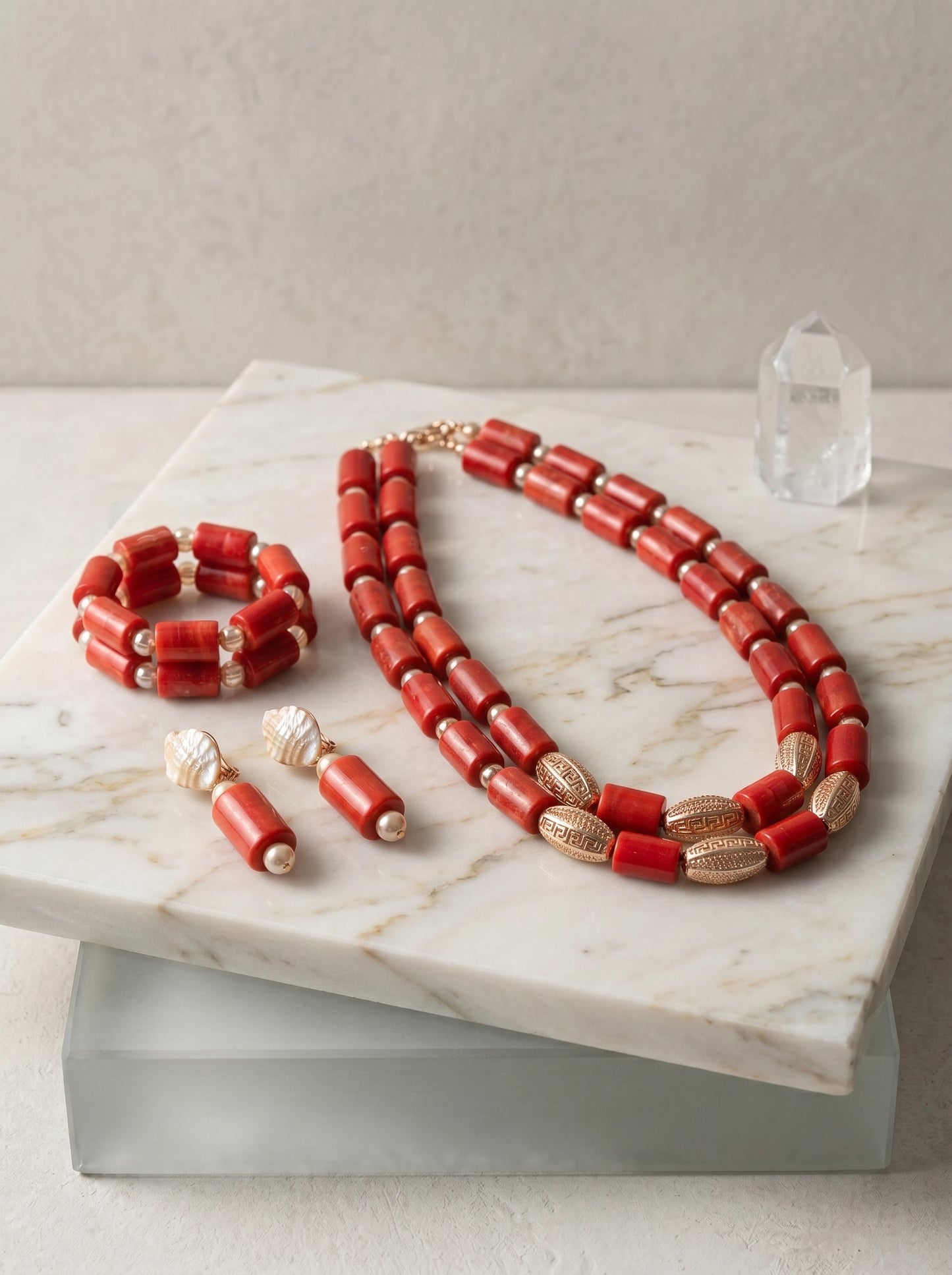 Authentic Nigerian Coral Bead Jewelry Set