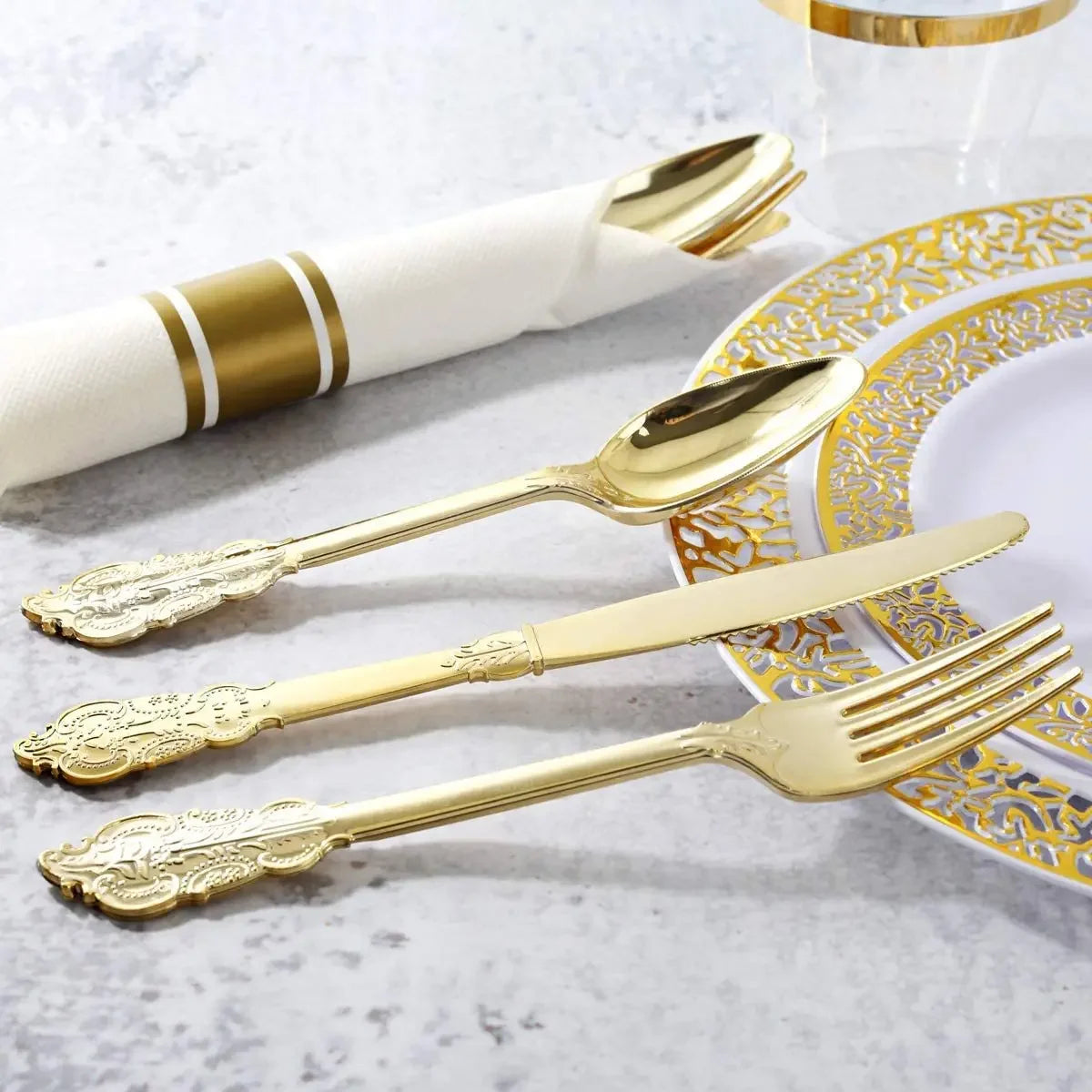High Quality Disposable Silverware Gold Rim Plastic