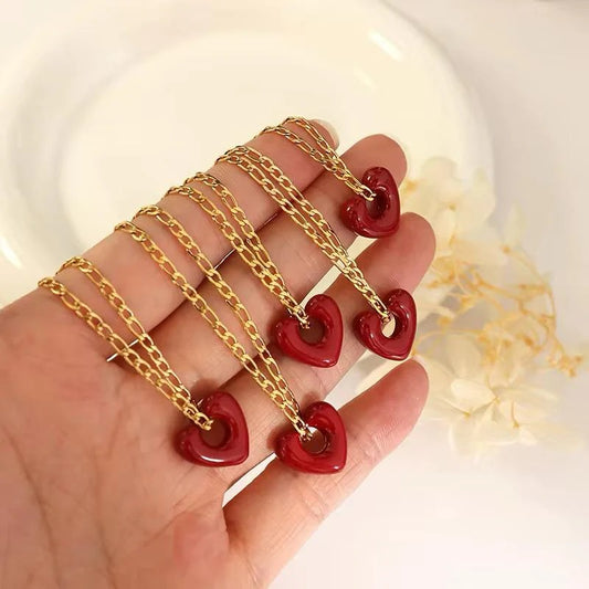 18K Gold Stainless Steel Red Heart Pendant Necklace & Hoop Earring Set