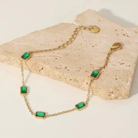 Gold-Plated CZ Diamond Pendant Necklace & Green Gemstone Bracelet Set