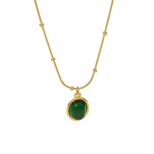 Gold Stainless Steel Oval Green Stone Pendant Snake Chain Necklace for Women
