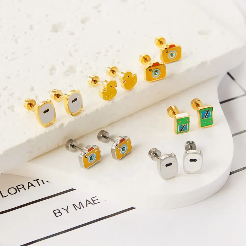 Personalized Hypoallergenic Kids Enamel Earrings 18K Gold-Plated Studs