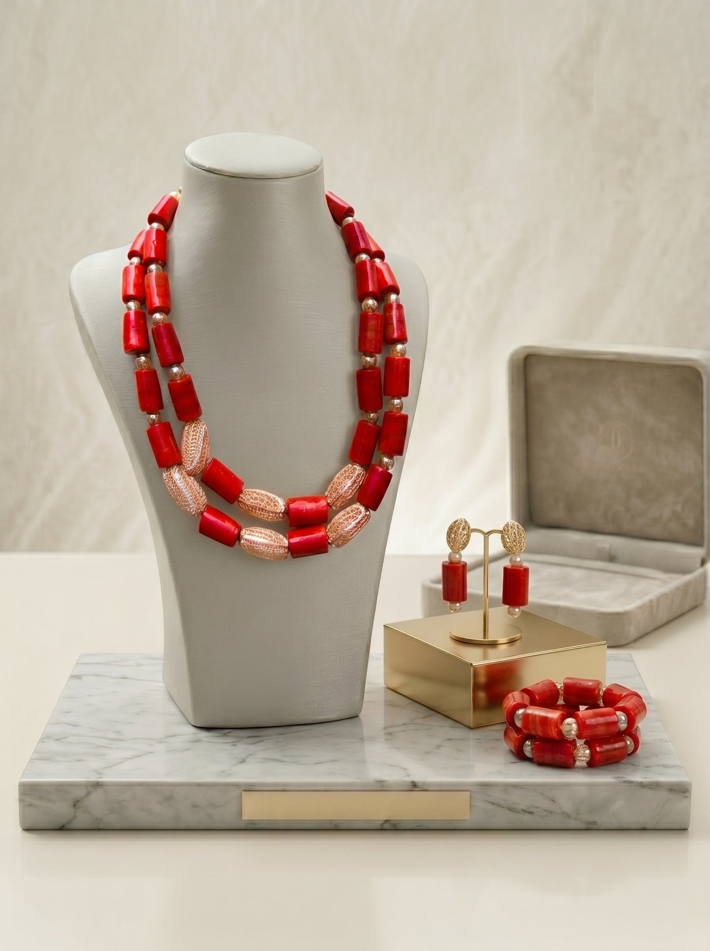 Authentic Nigerian Coral Bead Jewelry Set